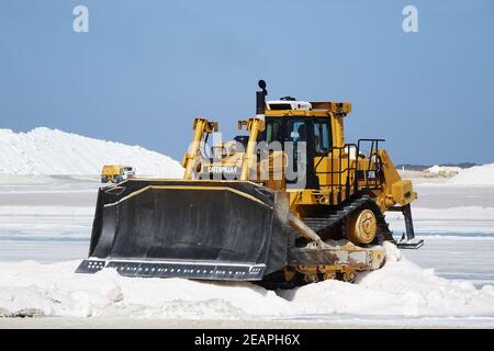 Piantagione di sale solare e raccolto su Bonaire, Mar dei Caraibi Foto Stock