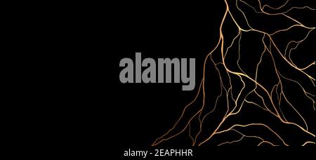 Il poster dorato della crepa di kintsugi è isolato su nero. Elemento decorativo disegnato a mano astratto con spazio di copia. Illustrazione Vettoriale