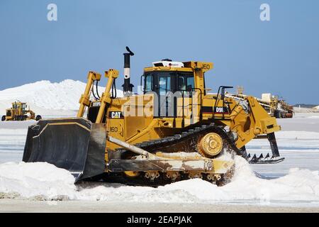 Piantagione di sale solare e raccolto su Bonaire, Mar dei Caraibi Foto Stock
