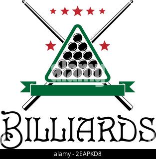 Emblema di Biliardo club con palla, cue, triangolo e testo Biliardo isolato su sfondo bianco Illustrazione Vettoriale