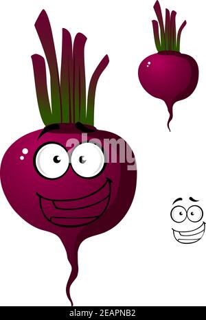 Cartoon sorridente barbabietola o barbabietola vegetale carino carattere con viola, cremisi e viola isolato su sfondo bianco Illustrazione Vettoriale