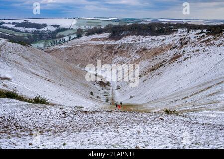 Snow on Devils Dyke vicino a Brighton, East Sussex, Inghilterra, Regno Unito Foto Stock