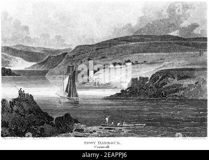 Incisione del porto di Fowy (Fowey), Cornwall ha fatto la scansione ad alta risoluzione di un libro stampato nel 1812. Creduto esente da copyright. Foto Stock