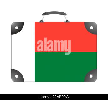 Bandiera malgascia sotto forma di valigia di viaggio su sfondo bianco Foto Stock