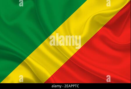 Bandiera del Congo sullo sfondo di tessuto di seta ondulato panorama Foto Stock