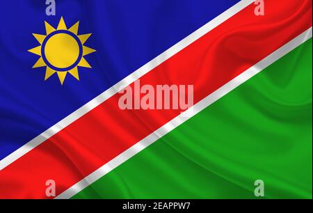 Namibia bandiera di campagna su wavy tessuto di seta panorama di sfondo Foto Stock