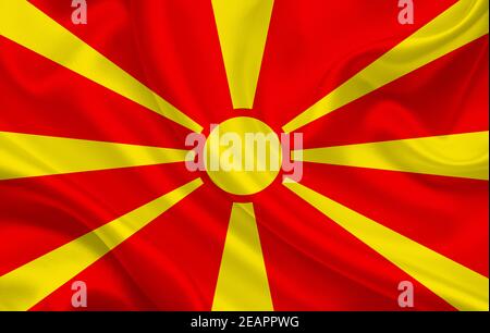 Bandiera della Macedonia sullo sfondo di tessuto di seta ondulato panorama Foto Stock