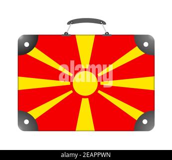 Bandiera della Macedonia sotto forma di valigia di viaggio su sfondo bianco Foto Stock