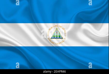 Bandiera del paese del Nicaragua su sfondo di tessuto di seta ondulato panorama Foto Stock