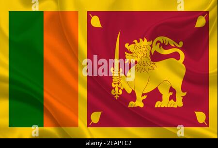 Bandiera dello Sri Lanka sullo sfondo di tessuto di seta ondulato panorama Foto Stock