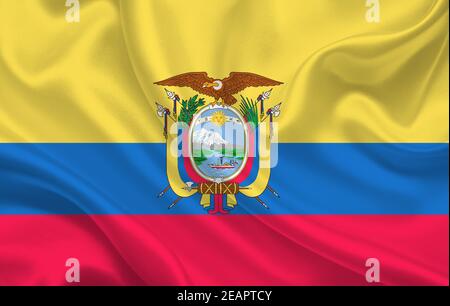 Ecuador bandiera paese su wavy tessuto di seta panorama di sfondo Foto Stock
