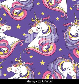 Motivo magico senza giunture con testa di unicorno e stelle isolate su sfondo viola. Illustrazione vettoriale per party, stampa, baby shower, carta da parati, des Illustrazione Vettoriale