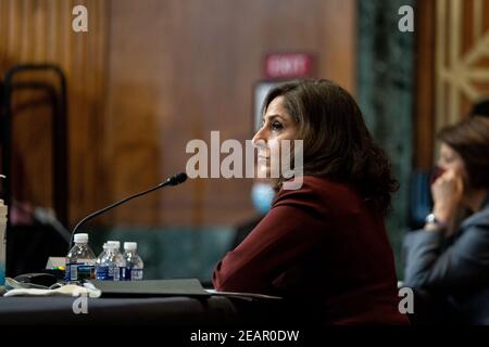 Neera Tanden, candidato del presidente Joe Biden per il direttore dell'ufficio di gestione e di bilancio (OMB), parla ad un'audizione con il Comitato del Senato sul bilancio su Capitol Hill a Washington il 10 febbraio 2021.Credit: Anna Moneymaker/Pool via CNP /MediaPunch Foto Stock