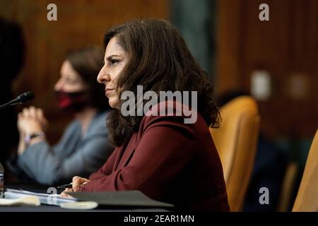 Neera Tanden, presidente nominato Joe Bidens per il direttore dell'Ufficio di Gestione e bilancio (OMB), interviene in un'audizione con il Comitato del Senato sul bilancio di Capitol Hill a Washington il 10 febbraio 2021. Foto di Anna Moneymaker/Pool/ABACAPRESS.COM Foto Stock