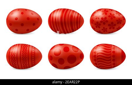 Insieme vettoriale di realistiche uova pasquali felici isolate. Sei uova rosse di pasqua in metallo lucido con motivo. Modello per Buona Pasqua. Illustrazione 3D Illustrazione Vettoriale