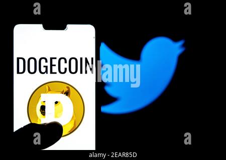 Logo Dogecoin su uno smartphone aganista twitter logo sullo sfondo. Il valore di Dogecoin è cullato dopo Elon Musk Foto Stock