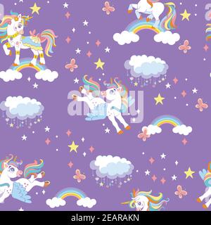 Simpatici unicorni con arcobaleno, stelle e nuvole nel cielo notturno viola. Modello senza giunture vettoriale. Illustrazione colorata per festa, stampa, acquazzone del bambino, wallpa Illustrazione Vettoriale