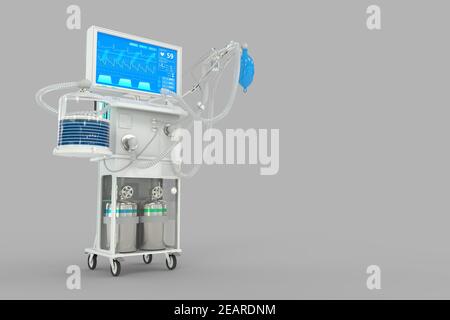 Illustrazione 3D medica, ventilatore polmonare artificiale per terapia intensiva con disegno fittizio isolato su sfondo grigio - concetto di coronavirus guaritivo Foto Stock