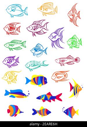 Colorati pesci subacquei cartoni animati per il design marino e nautico Illustrazione Vettoriale