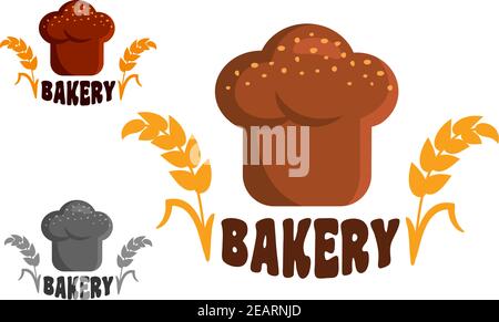 Appetitoso pane fresco di pane marrone con spighe di grano e. Caption prodotti da forno in diversi colori variazioni per il mercato alimentare o. emblemi da forno e logo desi Illustrazione Vettoriale