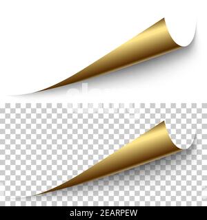 Vettore realistico angolo di lamina d'oro con ombra su sfondo trasparente. Angolo della pagina 3D arricciato. Foglio di carta vuoto. Elemento di progettazione. Illustrazione Vettoriale