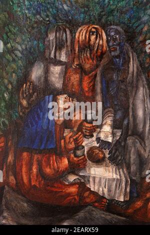 Abramo con tre stranieri, cena di Pasqua, altare maggiore di Sieger Koder nella chiesa di Santo Stefano a Wasseralfingen, Germania Foto Stock