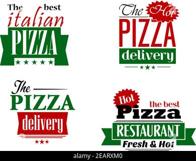 Caldo, migliore pizza logo, etichetta, adesivo o volantino per il ristorante italiano pizza, che offre servizio in verde e rosso su sfondo bianco Illustrazione Vettoriale
