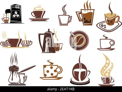 Icone di caffè per il menu di bar e ristoranti, carta dal design avvolgente con diverse tazze di caffè, espresso, cappuccino, caffè in grani, pentola, cezve e caffè Illustrazione Vettoriale
