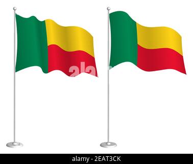 Bandiera della Repubblica del Benin su flagpole che ondono nel vento. Elemento di design per le vacanze. Punto di verifica per i simboli della mappa. Vettore isolato su sfondo bianco Illustrazione Vettoriale