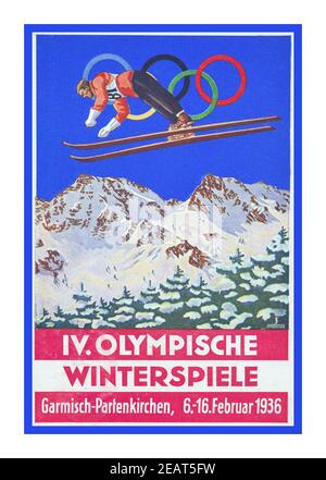 1936 le Olimpiadi invernali il Poster d'epoca, ufficialmente noto come IV Giochi Olimpici invernali, è stato un evento sportivo che si è tenuto dal 6 al 16 febbraio 1936 nella città mercato di Garmisch-Partenkirchen in Baviera, Germania. Il paese ha ospitato anche le Olimpiadi estive del 1936, che si sono tenute a Berlino, Germania nazista Foto Stock