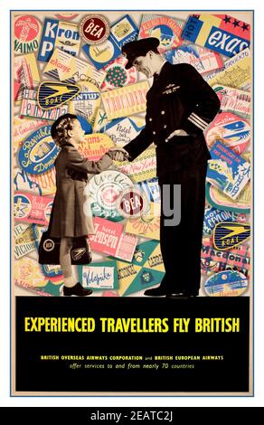 Poster di viaggio Vintage 1950 Airline UK ‘viaggiatori esperti Fly British’, British Overseas Airways, British European Airways, poster stampato per BOAC BEA da Service Advertising c. 1955 Foto Stock