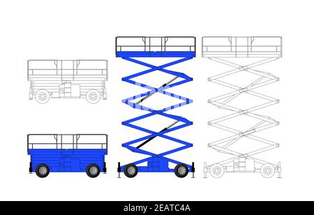 Set di piattaforme di sollevamento a forbice isolate su sfondo bianco. Sollevatore idraulico. Immagine piatta vettoriale. Illustrazione Vettoriale