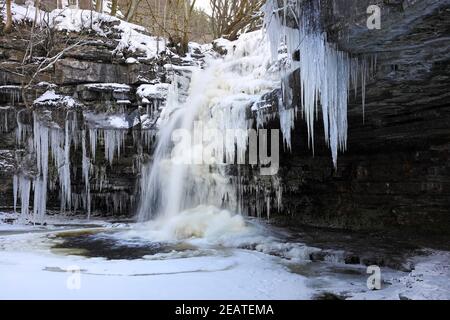 Summerhill Force, Bleowes, Teesdale, County Durham, Regno Unito. 10 febbraio 2021. Regno Unito Meteo. Dopo giorni di temperature al di sotto del gelo Summerhill Force a Teesdale, County Durham esseri per congelare oltre la creazione di uno spettacolare wonderland invernale di icicles. Credit: David Forster/Alamy Live News Foto Stock