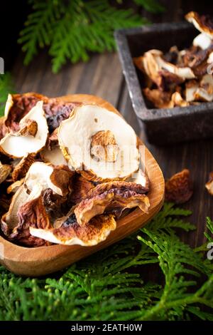 Panino disidratato, funghi boletus edulis in una ciotola di legno con rametti di abete verde. Foto Stock