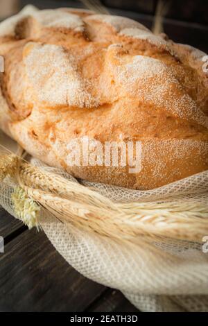 Pane a grani multipli appena sfornato su rustico sfondo di legno scuro. Bassa durata della chiave con illuminazione naturale direzionale. Foto Stock