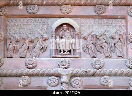 Cristo in maestà sulla San Ranieri porta della Cattedrale Santa Maria Assunta a Pisa, Italia Foto Stock