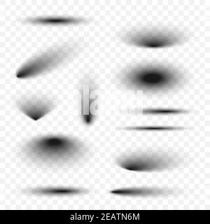 Ombreggiature trasparenti vettoriali realistiche isolate. Ombre ovali impostate con bordi morbidi su sfondo trasparente. Modello per il tuo progetto Illustrazione Vettoriale