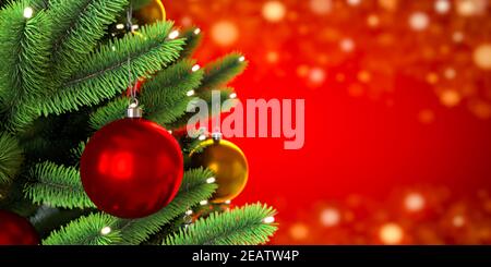 Primo piano di palle sull'albero di natale. Ghirlande bokeh sullo sfondo rosso. Concetto di nuovo anno. Illustrazione del rendering 3D. Foto Stock