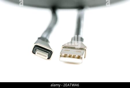 Macro di diversi tipi di connettori USB su sfondo bianco. Spazio di copia. Foto Stock