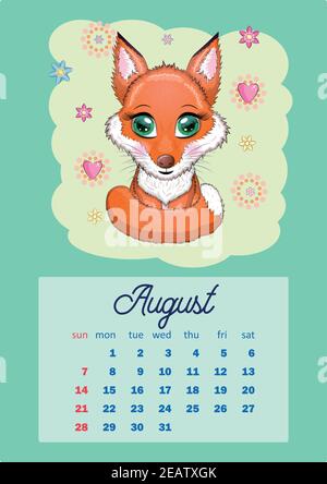 Calendario 2022 con carini animali di cartone per ogni mese. Tigre, leopardo di neve, panda rosso, gatto, ippopotamo, gufo, leone, lepre, volpe, criceto, mucca. Verticale ca Illustrazione Vettoriale