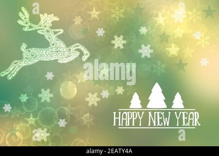 Buona carta anno nuovo. Astratto festivo elegante oro verde scintillante biglietto d'auguri con cerchi bokeh, scintillanti stelle di natale, una stag e il testo. Foto Stock