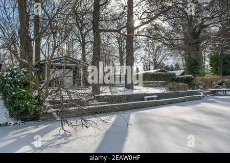 Winter, Kleingarten, vereiste Havel, Insel Eiswerder, Haselhorst, Spandau, Berlino, Germania Foto Stock