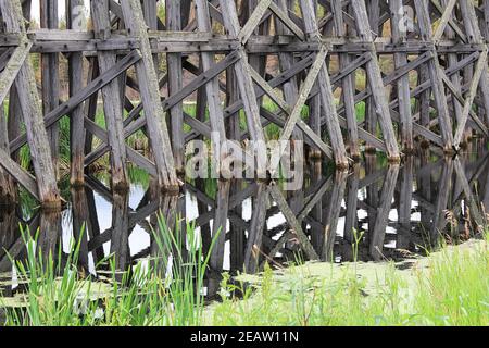 Closeup di un lavoro di legno su un vecchio traliccio ponte Foto Stock