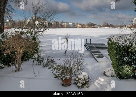 Winter, Kleingarten, vereiste Havel, Insel Eiswerder, Haselhorst, Spandau, Berlino, Germania Foto Stock