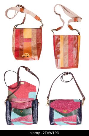 set di borse in pelle patchwork isolate su bianco Foto Stock