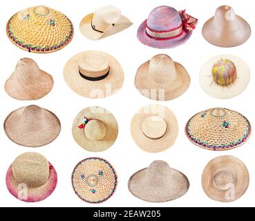 set di vari cappelli di paglia estivi isolati su bianco Foto Stock