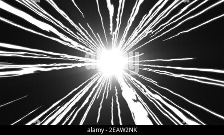 Generata da computer di volo veloce di strisce di luce dal lato superiore. Rendering 3D sfondo astratto con il flusso di energia e raggi lungo Foto Stock