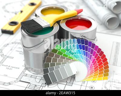 Costruzione. Lattine di vernice con tavolozza dei colori e pennello. Foto Stock