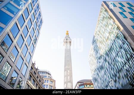 Il Monumento al Grande fuoco di Londra tra due edifici moderni Foto Stock