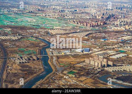 Pechino, Cina nella zona residenziale che è visibile da un aereo Foto Stock
